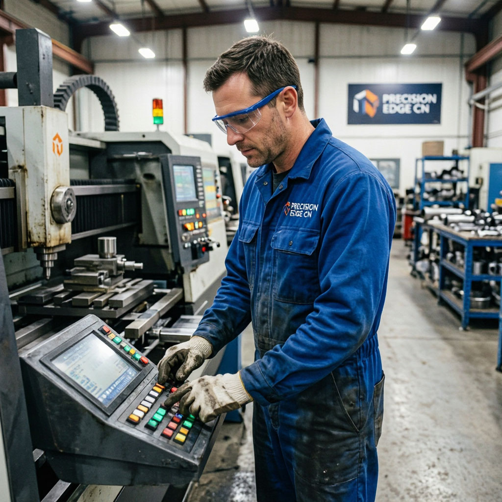 Machinist working at a CNC machine at Precision Edge CNC in Loveland, Colorado